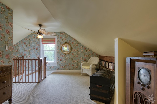 275 N Main St, Crystal Lake, IL 60014 - living area with vaulted ceiling, wallpapered walls, carpet floors, and a ceiling fan