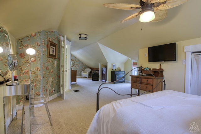 275 N Main St, Crystal Lake, IL 60014 - carpeted bedroom featuring vaulted ceiling and wallpapered walls