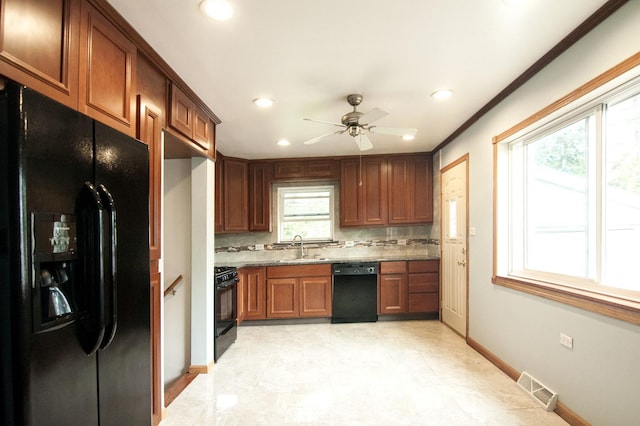 1033 S Main Dr, Lombard, IL 60148 - kitchen featuring black appliances, decorative backsplash, recessed lighting, a ceiling fan, and brown cabinets