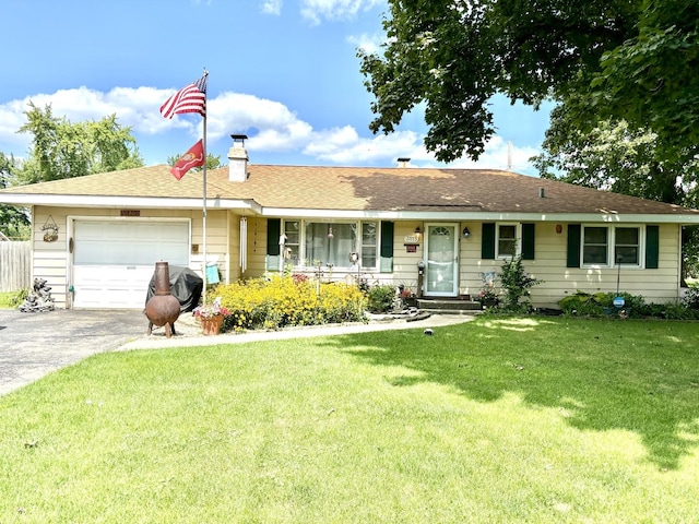 3115 September Dr, Joliet, IL 60431 - ranch-style home featuring a garage, a front lawn, concrete driveway, and a chimney