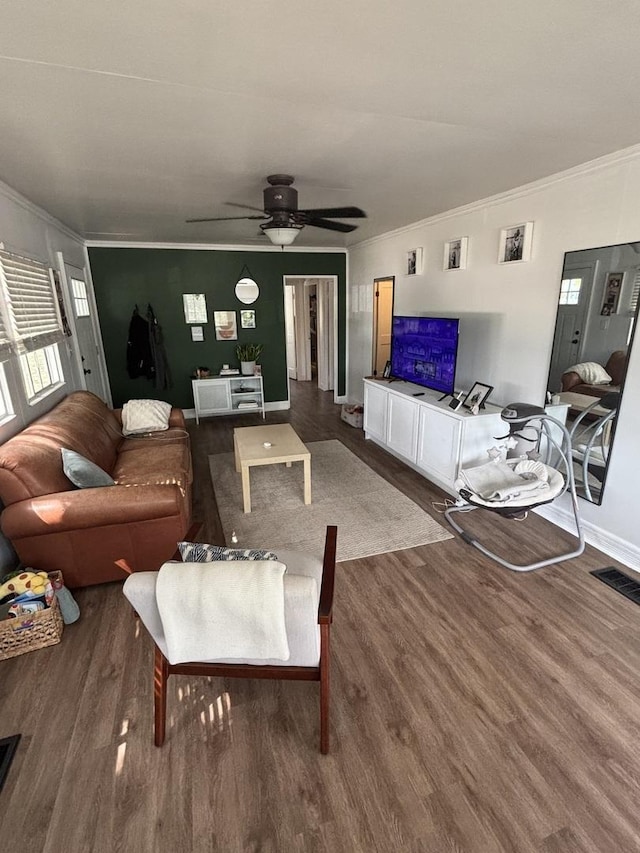 1805 Rock St, Peru, IL 61354 - living room with wood finished floors, ornamental molding, and ceiling fan