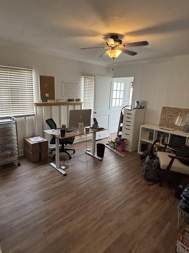 1805 Rock St, Peru, IL 61354 - office area featuring wood finished floors, ceiling fan, and crown molding