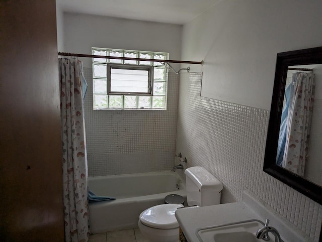 219 W 79th St, Burr Ridge, IL 60527 - full bath with shower / bathtub combination with curtain, tile patterned flooring, vanity, a wainscoted wall, and tile walls