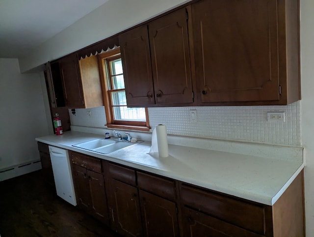 219 W 79th St, Burr Ridge, IL 60527 - kitchen with dishwasher, light countertops, decorative backsplash, baseboard heating, and dark brown cabinets