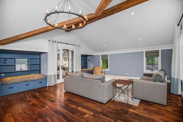 519 N Elmwood Ave, Oak Park, IL 60302 - living room featuring french doors, beam ceiling, high vaulted ceiling, a chandelier, and dark wood-style flooring