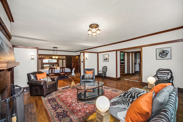 519 N Elmwood Ave, Oak Park, IL 60302 - living room with wood finished floors, a chandelier, and crown molding