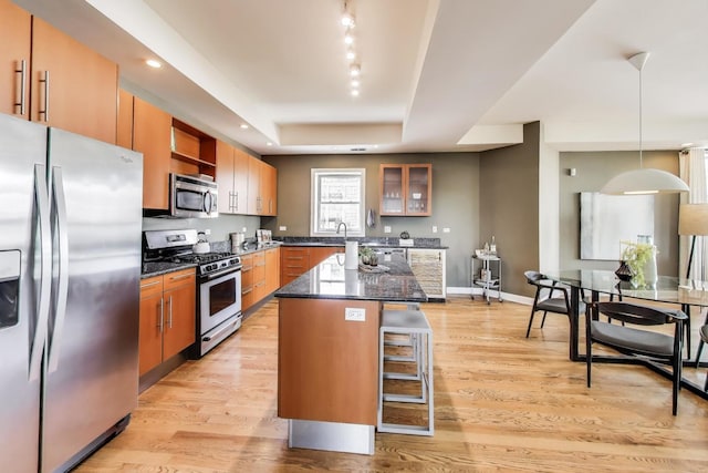 1600 S Wabash Ave Unit 4E, Chicago, IL 60616 - kitchen featuring stainless steel appliances, open shelves, a center island, a tray ceiling, and light wood-style flooring