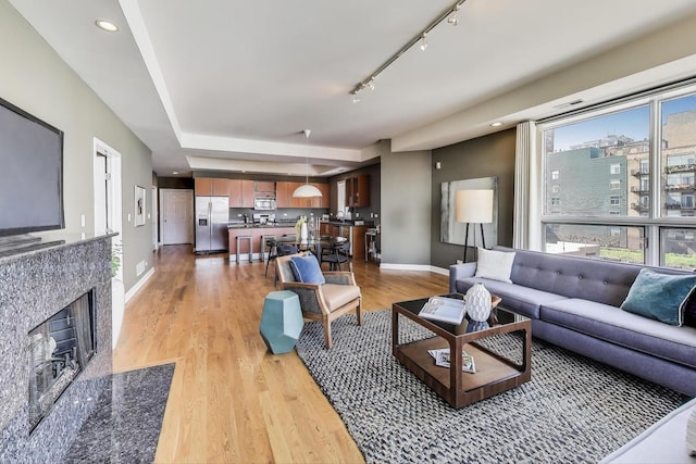 1600 S Wabash Ave Unit 4E, Chicago, IL 60616 - living room featuring rail lighting, light wood-style floors, and a premium fireplace