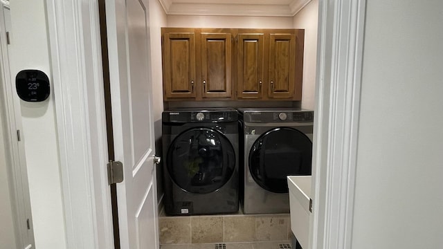 513 Laurel St, Elk Grove Village, IL 60007 - laundry area featuring separate washer and dryer, cabinet space, and crown molding