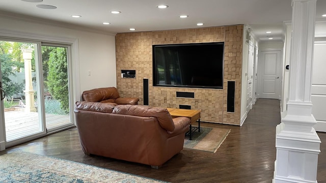 513 Laurel St, Elk Grove Village, IL 60007 - living room with dark wood-style flooring, crown molding, recessed lighting, and decorative columns