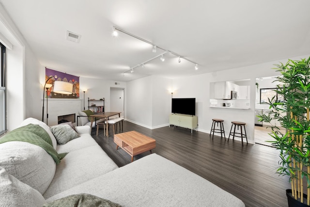 7409 N Seeley Ave Unit 2B, Chicago, IL 60645 - living room with dark wood-style floors, rail lighting, and a fireplace