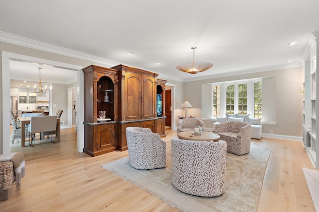 15606 W Sweedler Rd, Manhattan, IL 60442 - living room with a chandelier, light wood-type flooring, crown molding, and recessed lighting