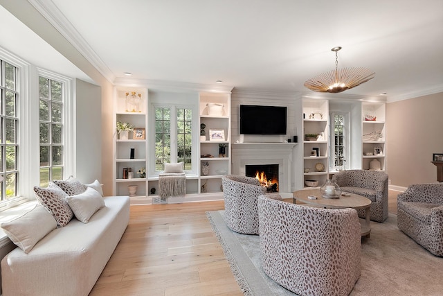 15606 W Sweedler Rd, Manhattan, IL 60442 - living room with a large fireplace, crown molding, light wood-style floors, and built in features