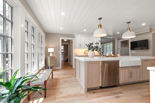 15606 W Sweedler Rd, Manhattan, IL 60442 - kitchen featuring stainless steel dishwasher, light brown cabinets, light countertops, light wood-type flooring, and recessed lighting