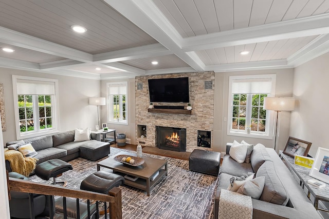 15606 W Sweedler Rd, Manhattan, IL 60442 - living room with a fireplace, healthy amount of natural light, coffered ceiling, recessed lighting, and crown molding