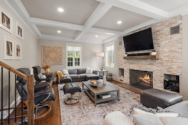 15606 W Sweedler Rd, Manhattan, IL 60442 - living room featuring wood finished floors, beamed ceiling, a fireplace, recessed lighting, and coffered ceiling