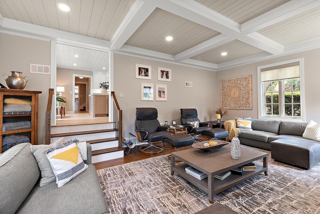 15606 W Sweedler Rd, Manhattan, IL 60442 - living area featuring recessed lighting, beam ceiling, ornamental molding, and stairway