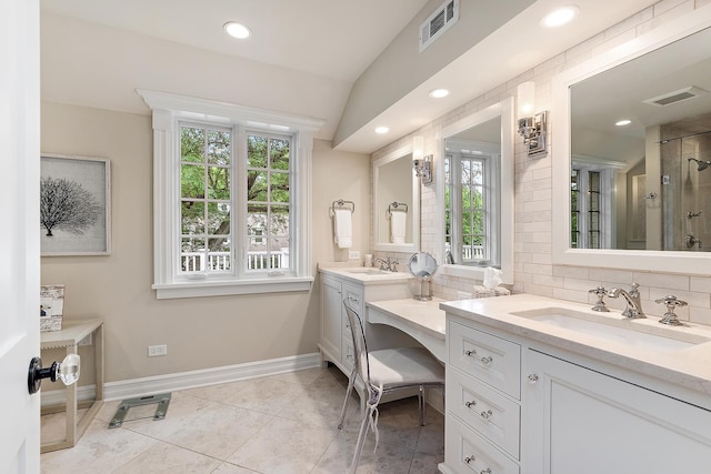 15606 W Sweedler Rd, Manhattan, IL 60442 - full bathroom featuring two vanities, decorative backsplash, a shower with shower door, recessed lighting, and tile patterned floors
