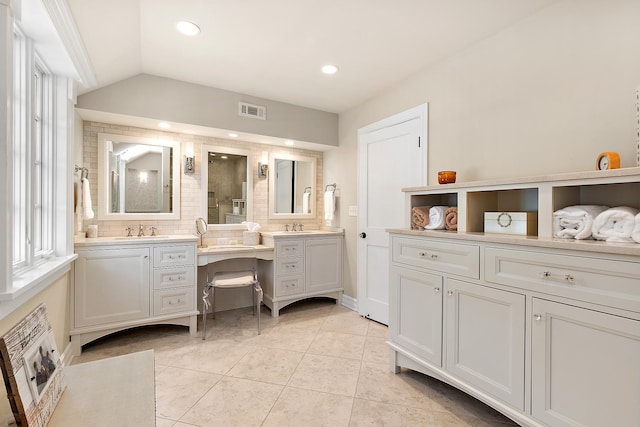 15606 W Sweedler Rd, Manhattan, IL 60442 - full bath featuring vanity, a tile shower, tasteful backsplash, tile patterned floors, and vaulted ceiling