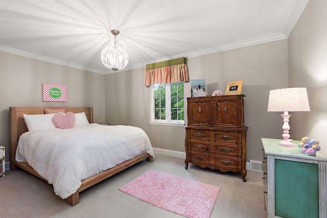 15606 W Sweedler Rd, Manhattan, IL 60442 - bedroom featuring light colored carpet, crown molding, and a chandelier