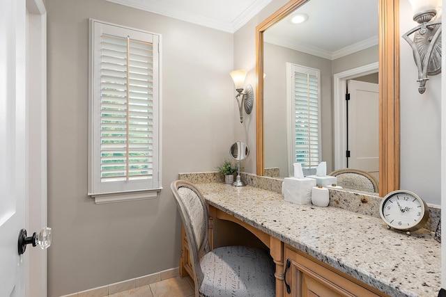 15606 W Sweedler Rd, Manhattan, IL 60442 - bathroom featuring ornamental molding, vanity, and tile patterned floors