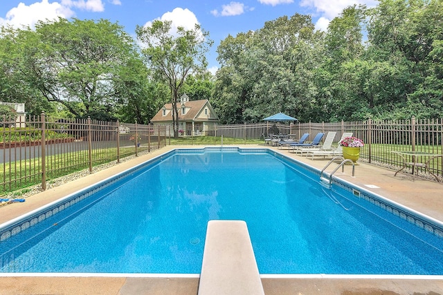 15606 W Sweedler Rd, Manhattan, IL 60442 - view of swimming pool featuring a patio area, a diving board, and view of wooded area