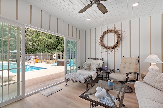 15606 W Sweedler Rd, Manhattan, IL 60442 - living area with ceiling fan, wood ceiling, light wood-style floors, recessed lighting, and a decorative wall