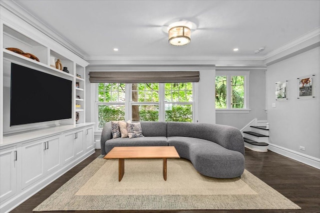 330 Abbotsford Rd, Kenilworth, IL 60043 - living room featuring ornamental molding, dark wood-style floors, and recessed lighting