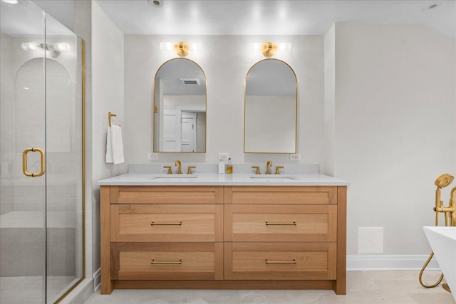 330 Abbotsford Rd, Kenilworth, IL 60043 - bathroom featuring double vanity, a shower stall, and a soaking tub