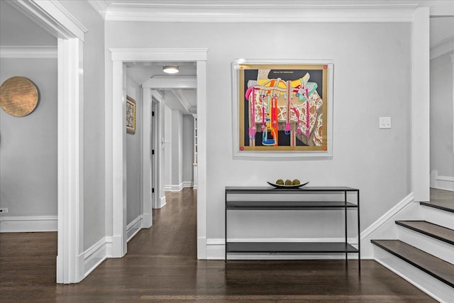 330 Abbotsford Rd, Kenilworth, IL 60043 - corridor featuring ornamental molding, wood finished floors, and stairs