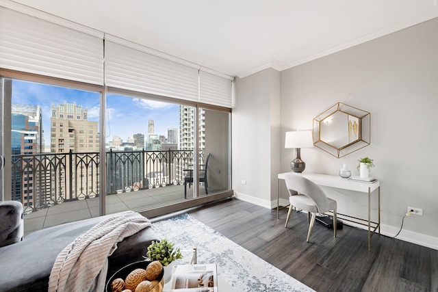 21 E Huron St Unit 3704, Chicago, IL 60611 - bedroom featuring a skyline view, access to outside, wood finished floors, ornamental molding, and a desk