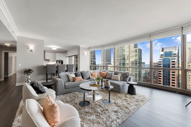 21 E Huron St Unit 3704, Chicago, IL 60611 - living room featuring a view of city, dark wood-style floors, ornamental molding, and floor to ceiling windows