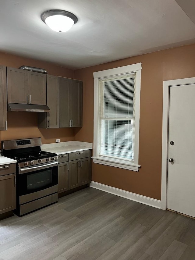 730 N Spaulding Ave, Chicago, IL 60624 - kitchen featuring stainless steel gas range, under cabinet range hood, light countertops, light wood-style floors, and gray cabinetry