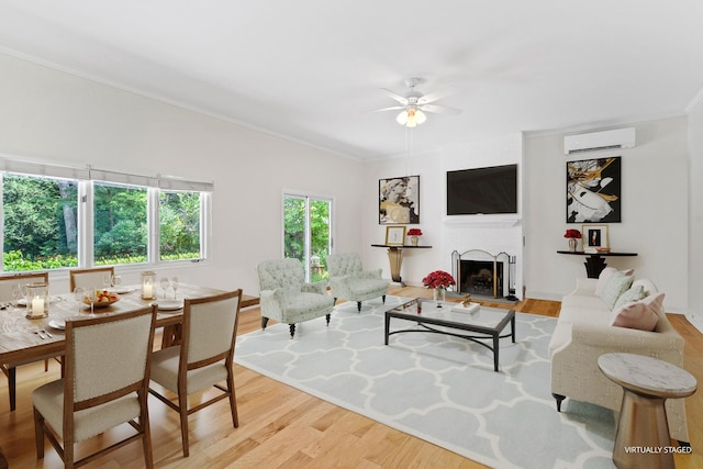 321 Newman Ct, Lake Bluff, IL 60044 - living area featuring a wall mounted AC, light wood-type flooring, a ceiling fan, ornamental molding, and a fireplace
