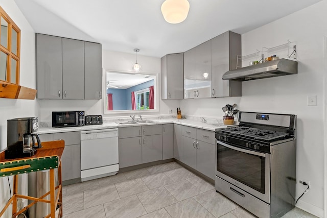 321 Newman Ct, Lake Bluff, IL 60044 - kitchen featuring gray cabinetry, dishwasher, gas stove, black microwave, and extractor fan