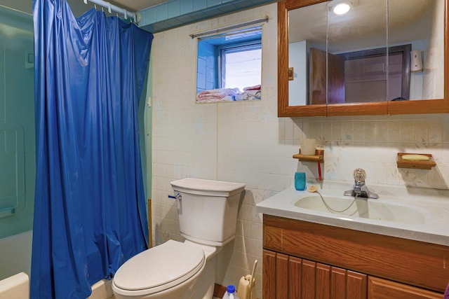 4751 S Hamlin Ave, Chicago, IL 60632 - bathroom featuring vanity, shower / tub combo with curtain, tasteful backsplash, and tile walls