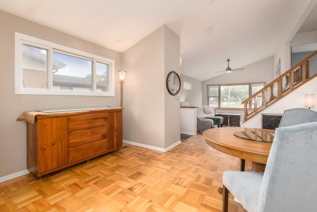 1231 N Hamlin Ave, Park Ridge, IL 60068 - living room featuring stairway, lofted ceiling, and a ceiling fan