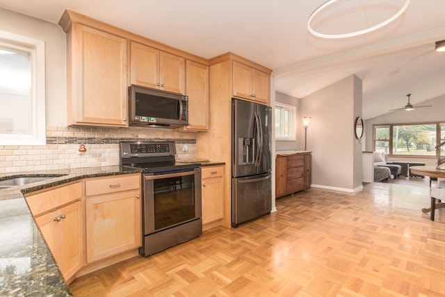 1231 N Hamlin Ave, Park Ridge, IL 60068 - kitchen with appliances with stainless steel finishes, light brown cabinetry, tasteful backsplash, and lofted ceiling