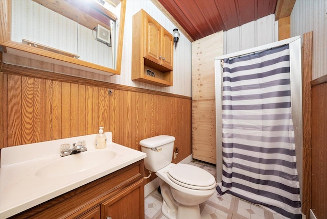 16383 US Highway 52, Newark, IL 60541 - bathroom with vanity, wallpapered walls, wooden walls, wood ceiling, and a shower with shower curtain