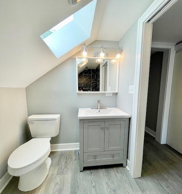9302 S Eberhart Ave, Chicago, IL 60619 - bathroom featuring a skylight, vanity, wood finished floors, and lofted ceiling