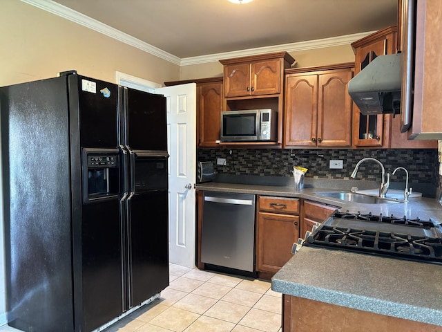 2715 W Ridgeland Ave, Waukegan, IL 60085 - kitchen featuring stainless steel appliances, exhaust hood, light tile patterned floors, crown molding, and backsplash