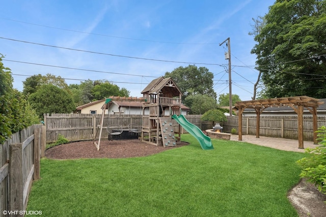 1315 Ardmore Dr, Round Lake Beach, IL 60073 - view of jungle gym featuring a pergola and a fenced backyard