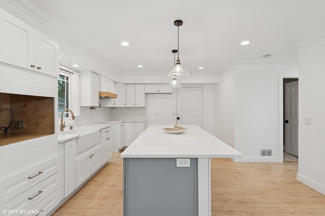 1315 Ardmore Dr, Round Lake Beach, IL 60073 - kitchen featuring a kitchen island, ornamental molding, premium range hood, light wood finished floors, and backsplash
