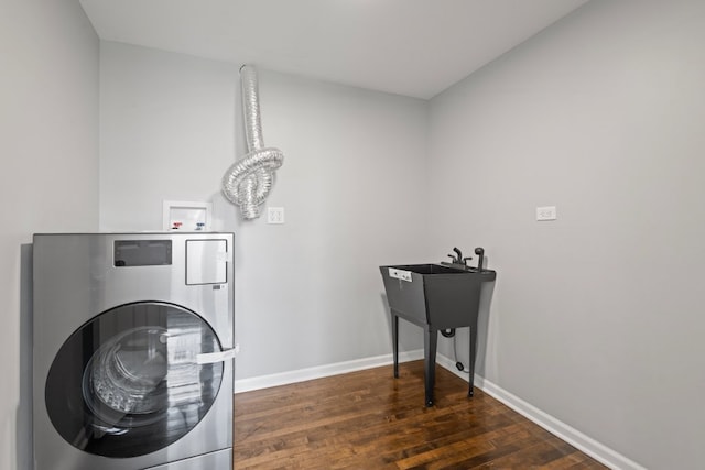 15355 7th Ave, Phoenix, IL 60426 - washroom with washer / dryer, dark wood-style floors, and a chandelier