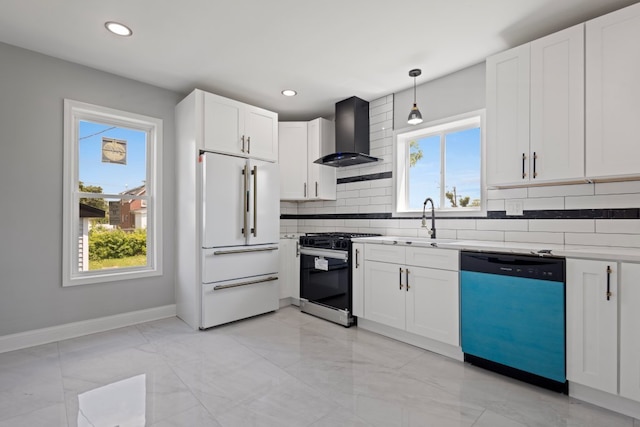 15355 7th Ave, Phoenix, IL 60426 - kitchen featuring dishwasher, wall chimney exhaust hood, high end white fridge, gas stove, and light marble finish floors