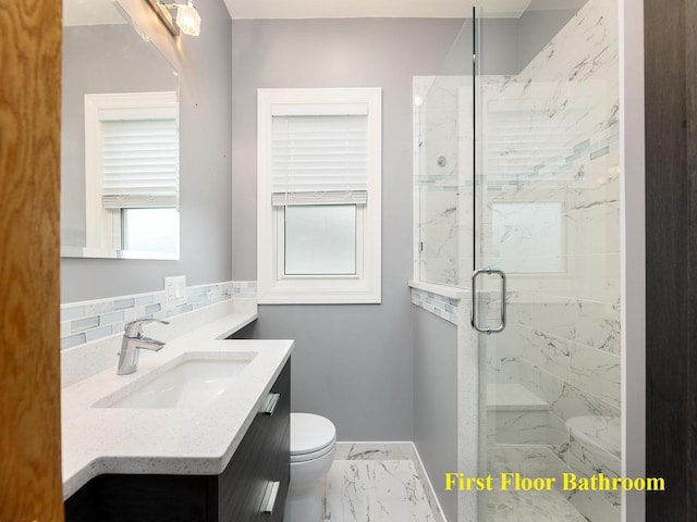 6527 N Onarga Ave, Chicago, IL 60631 - full bathroom featuring marble look tiles, a marble finish shower, vanity, and tasteful backsplash