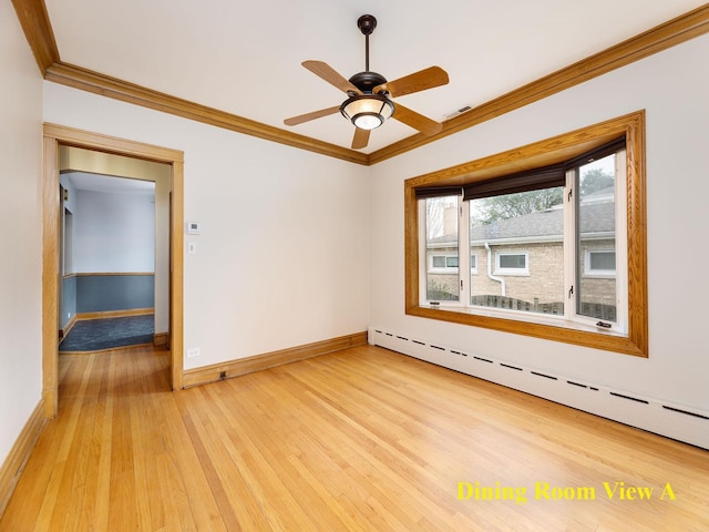 6527 N Onarga Ave, Chicago, IL 60631 - empty room with baseboard heating, light wood-style floors, crown molding, and ceiling fan