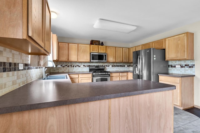 3505 Indian Head Ln, Joliet, IL 60435 - kitchen featuring stainless steel appliances, backsplash, a peninsula, and light brown cabinets
