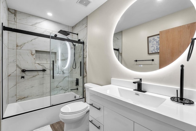3505 Indian Head Ln, Joliet, IL 60435 - bathroom with vanity, enclosed tub / shower combo, recessed lighting, and wood finished floors