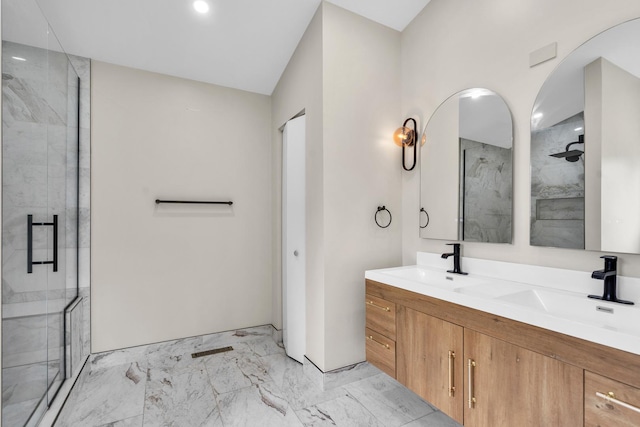 3505 Indian Head Ln, Joliet, IL 60435 - full bath with a marble finish shower, double vanity, and marble finish floors